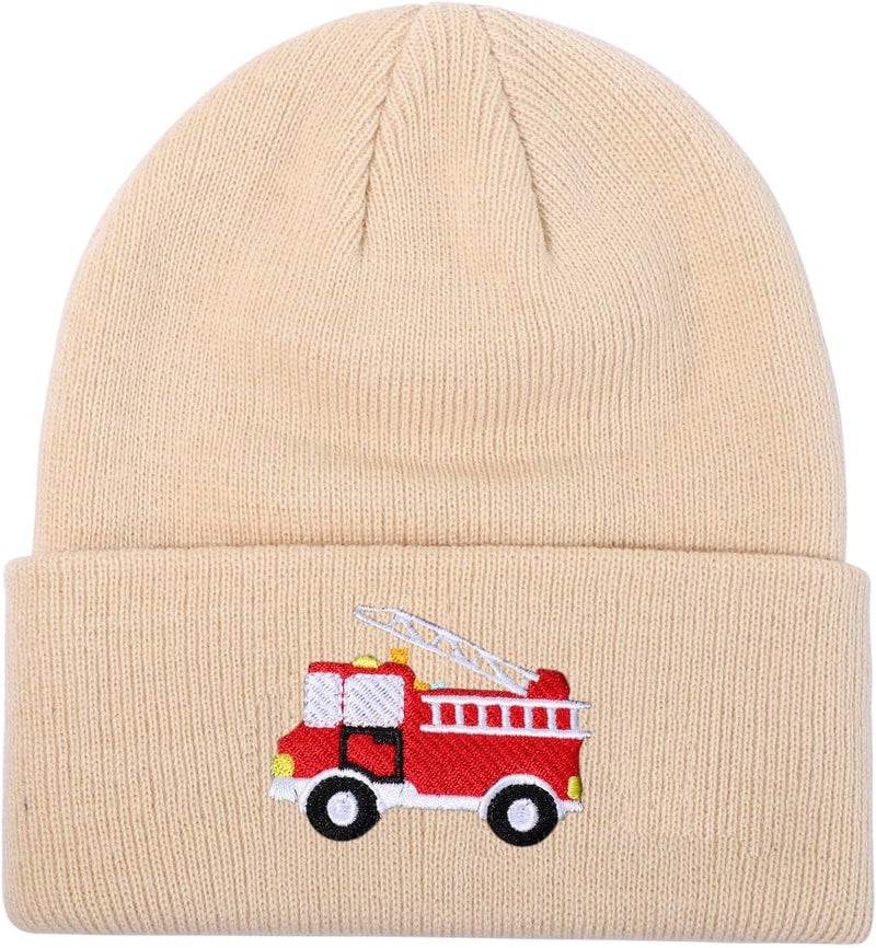 KDVOG Store Kids Knit Beanie Cute Fire Trucks Embroidery Warm Cuffed Skull Caps Classic Autumn Winter Hats for Boys Girls 3-8 Years - Image 1